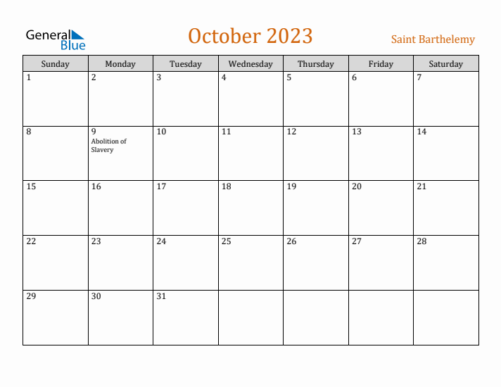 October 2023 Holiday Calendar with Sunday Start