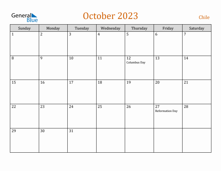 October 2023 Holiday Calendar with Sunday Start