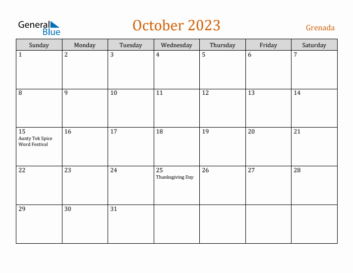 October 2023 Holiday Calendar with Sunday Start