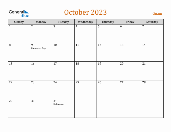 October 2023 Holiday Calendar with Sunday Start