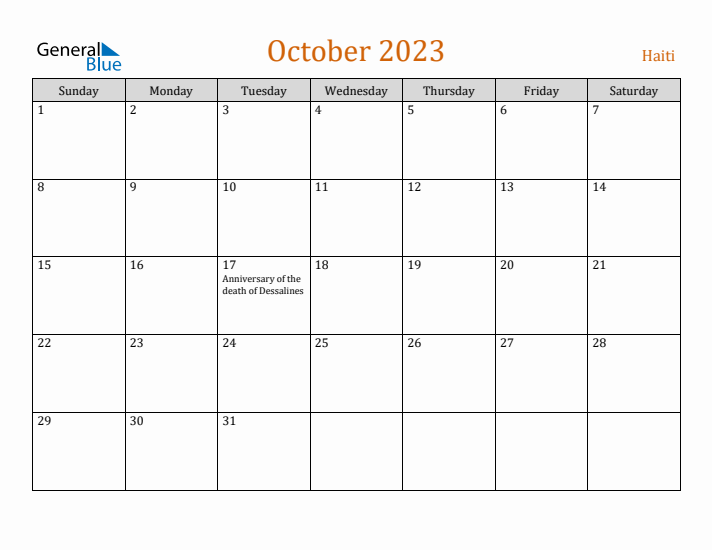 October 2023 Holiday Calendar with Sunday Start