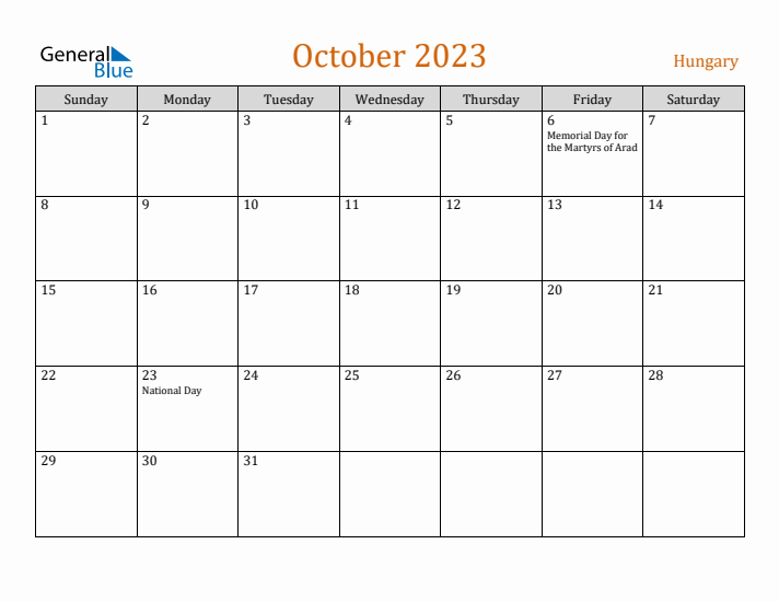 October 2023 Holiday Calendar with Sunday Start