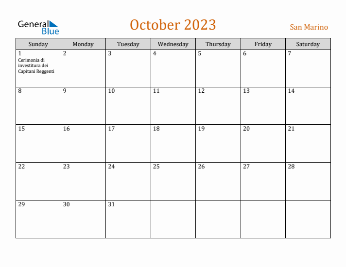 October 2023 Holiday Calendar with Sunday Start