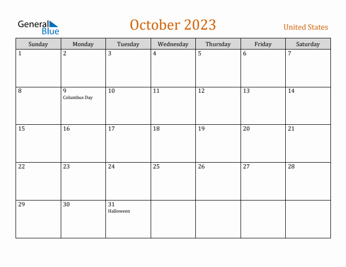 October 2023 Holiday Calendar with Sunday Start