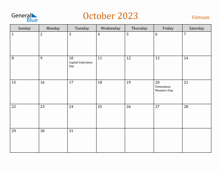 October 2023 Holiday Calendar with Sunday Start