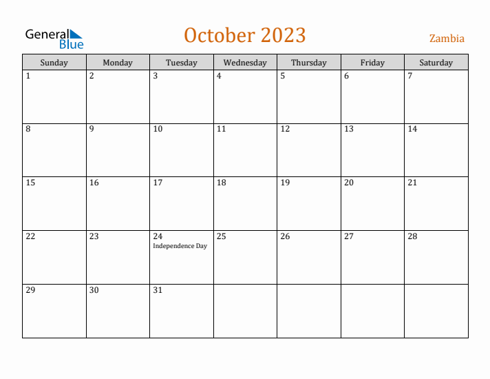 October 2023 Holiday Calendar with Sunday Start