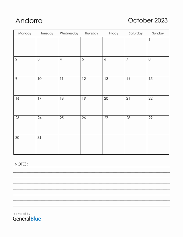 October 2023 Andorra Calendar with Holidays (Monday Start)