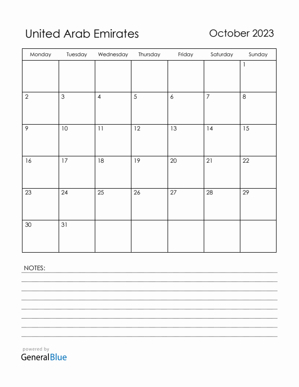 October 2023 United Arab Emirates Calendar with Holidays (Monday Start)