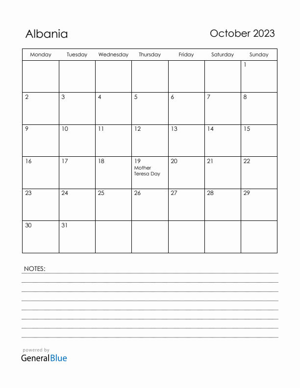 October 2023 Albania Calendar with Holidays (Monday Start)