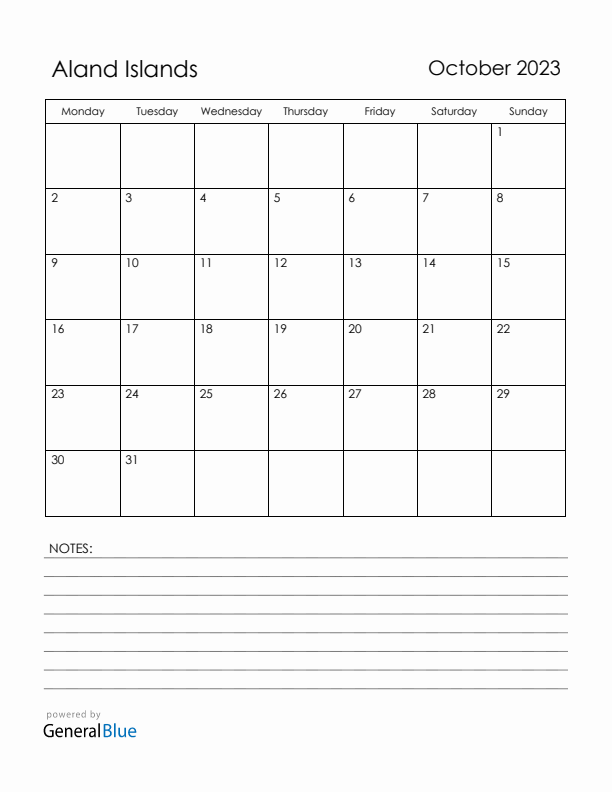 October 2023 Aland Islands Calendar with Holidays (Monday Start)