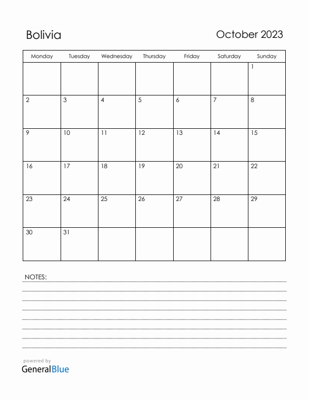 October 2023 Bolivia Calendar with Holidays (Monday Start)