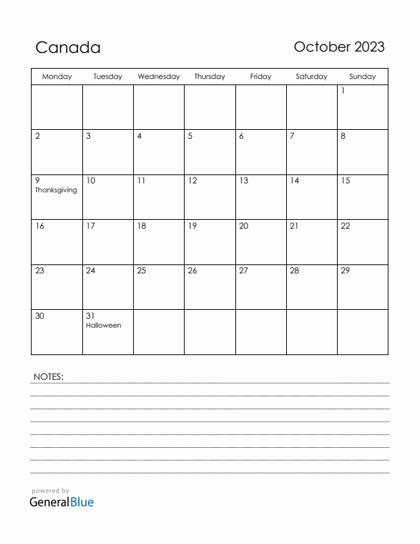 October 2023 Canada Calendar with Holidays (Monday Start)