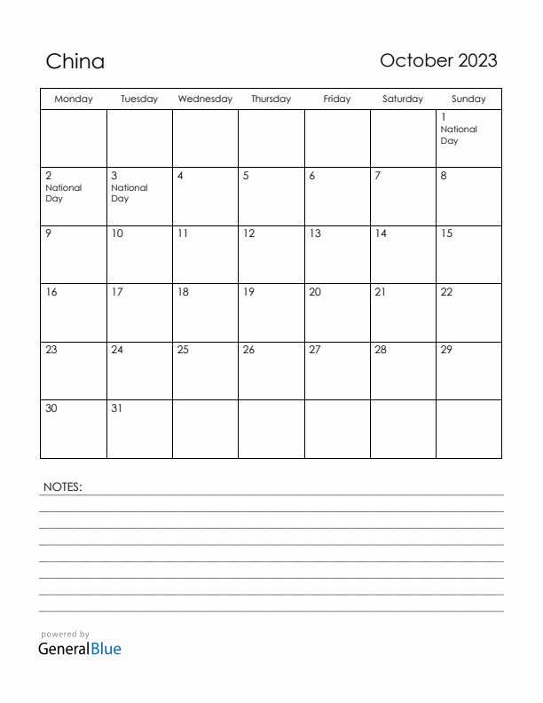 October 2023 China Calendar with Holidays (Monday Start)