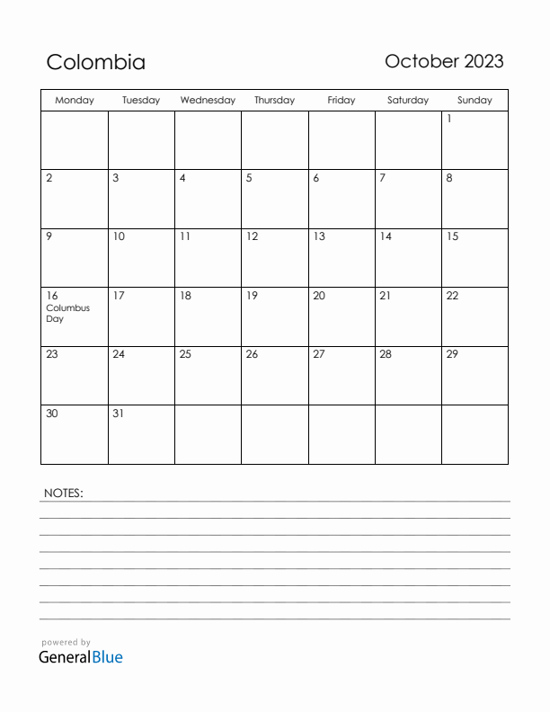 October 2023 Colombia Calendar with Holidays (Monday Start)