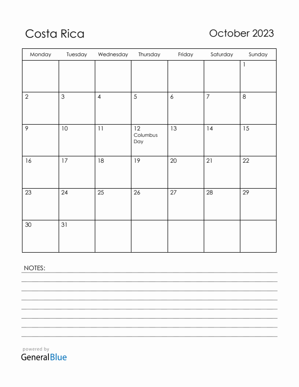 October 2023 Costa Rica Calendar with Holidays (Monday Start)