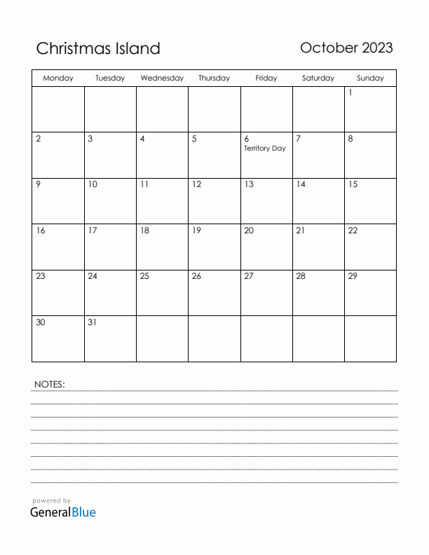 October 2023 Christmas Island Calendar with Holidays (Monday Start)