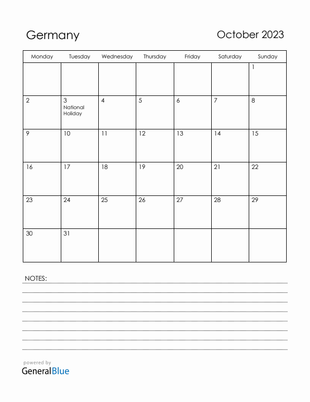 October 2023 Germany Calendar with Holidays (Monday Start)
