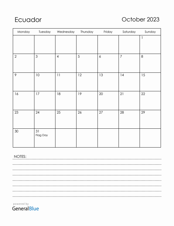 October 2023 Ecuador Calendar with Holidays (Monday Start)