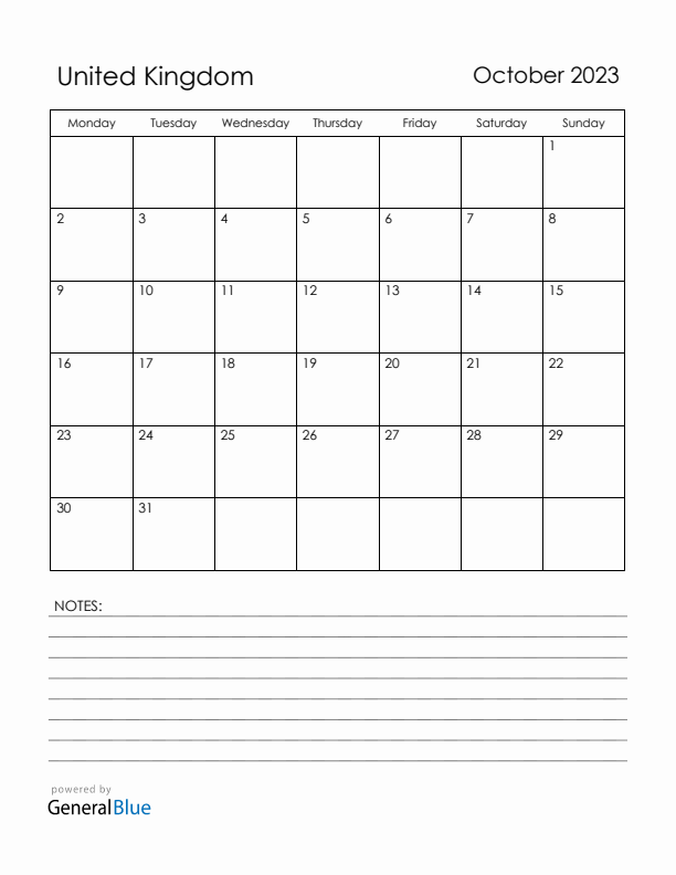 October 2023 United Kingdom Calendar with Holidays (Monday Start)