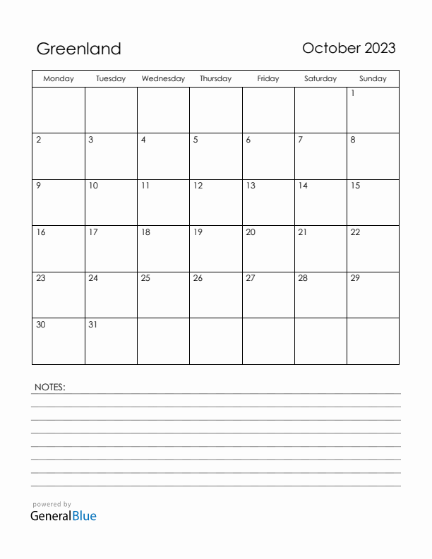 October 2023 Greenland Calendar with Holidays (Monday Start)