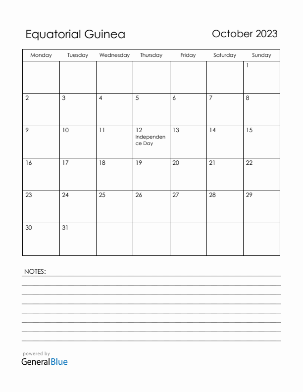 October 2023 Equatorial Guinea Calendar with Holidays (Monday Start)