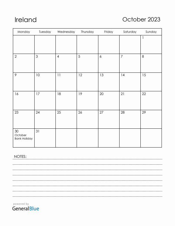October 2023 Ireland Calendar with Holidays (Monday Start)