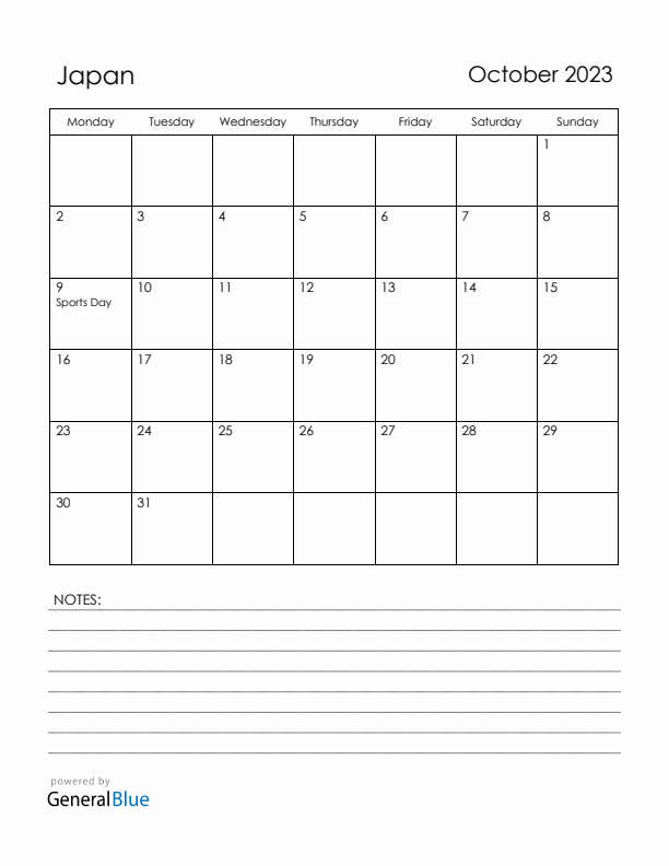October 2023 Japan Calendar with Holidays (Monday Start)