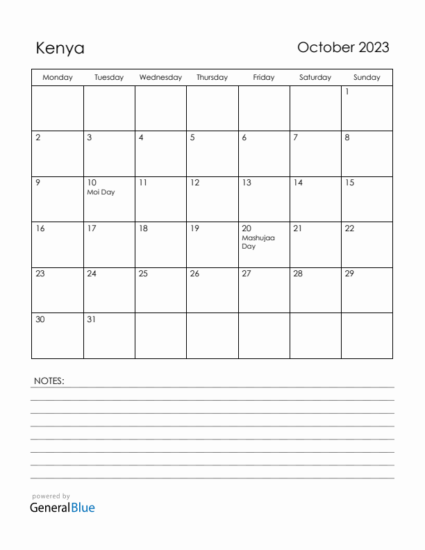 October 2023 Kenya Calendar with Holidays (Monday Start)