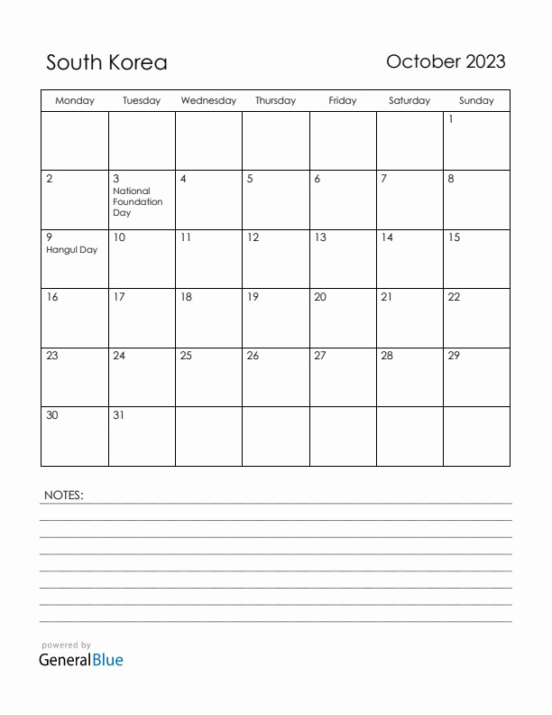 October 2023 South Korea Calendar with Holidays (Monday Start)