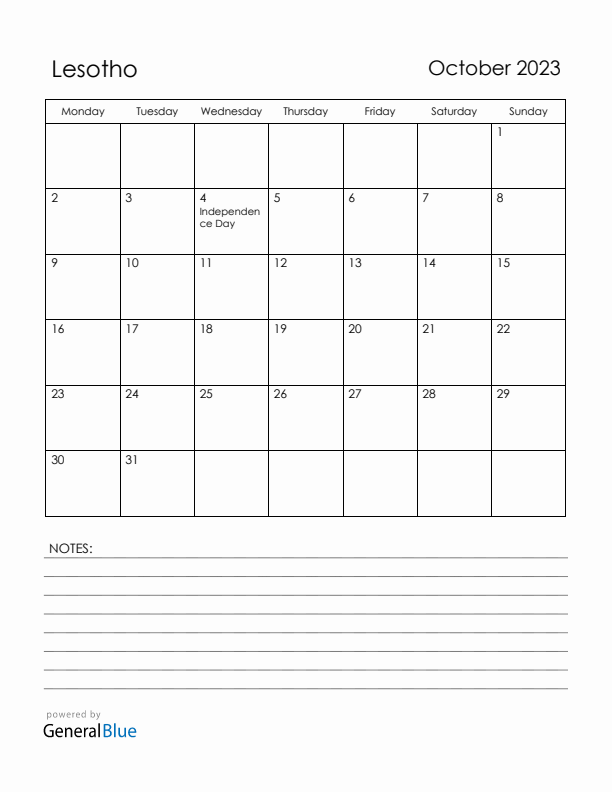 October 2023 Lesotho Calendar with Holidays (Monday Start)