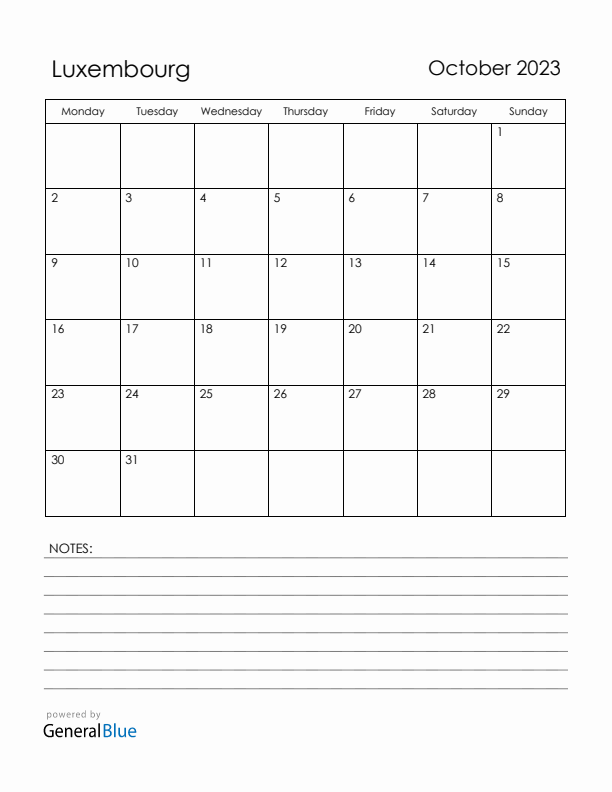 October 2023 Luxembourg Calendar with Holidays (Monday Start)