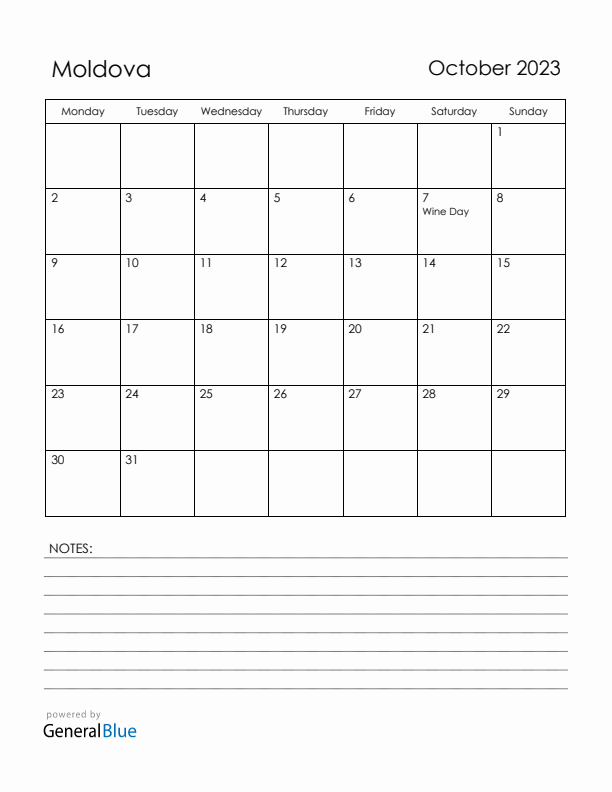 October 2023 Moldova Calendar with Holidays (Monday Start)