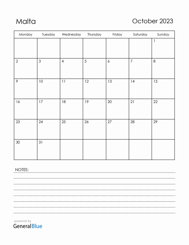 October 2023 Malta Calendar with Holidays (Monday Start)