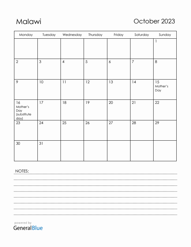 October 2023 Malawi Calendar with Holidays (Monday Start)