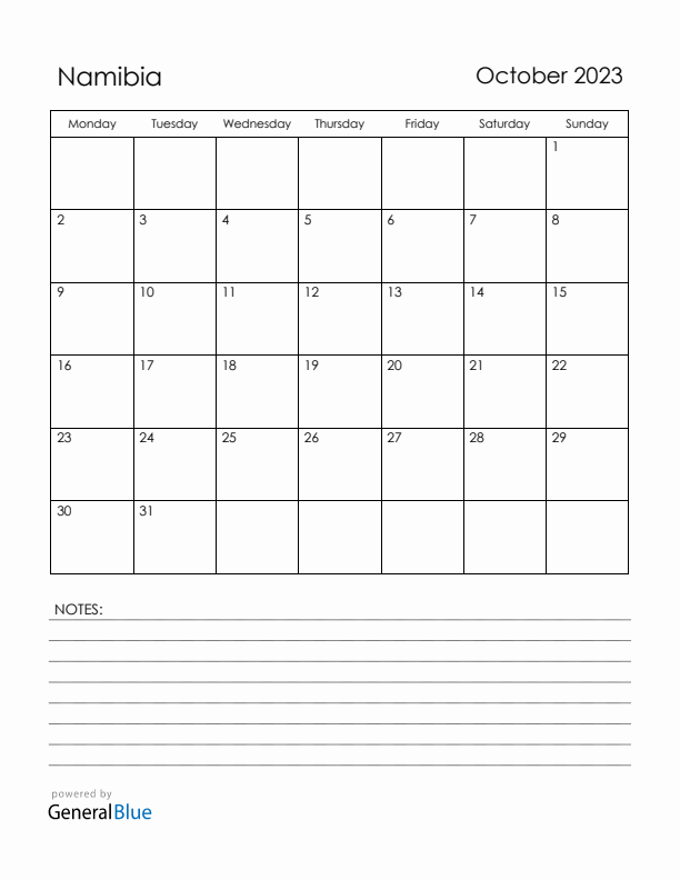 October 2023 Namibia Calendar with Holidays (Monday Start)