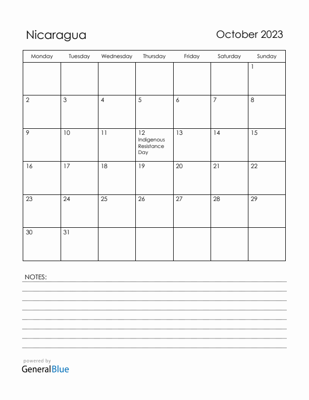 October 2023 Nicaragua Calendar with Holidays (Monday Start)