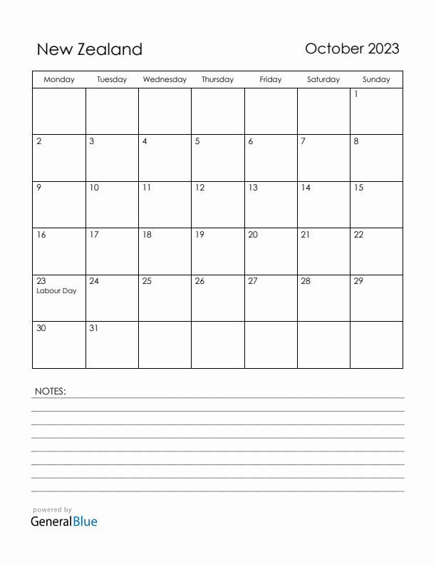 October 2023 New Zealand Calendar with Holidays (Monday Start)