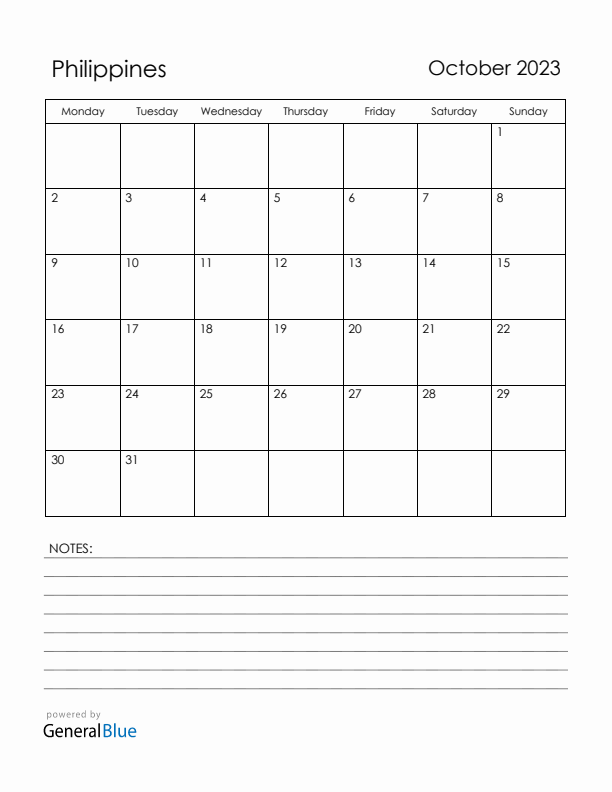 October 2023 Philippines Calendar with Holidays (Monday Start)