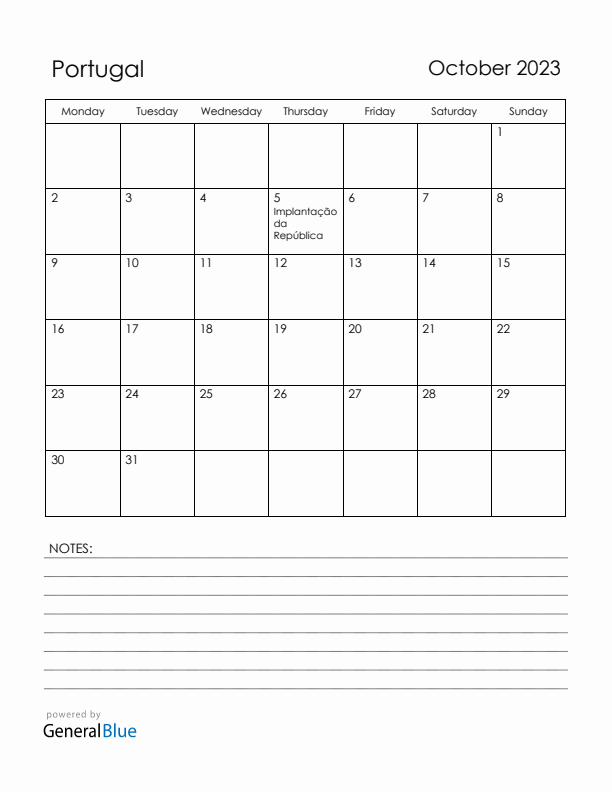 October 2023 Portugal Calendar with Holidays (Monday Start)
