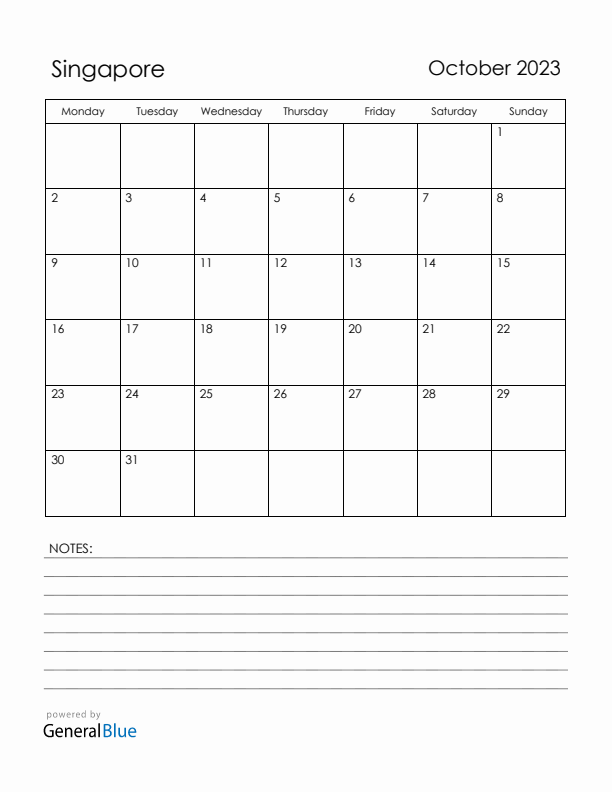 October 2023 Singapore Calendar with Holidays (Monday Start)