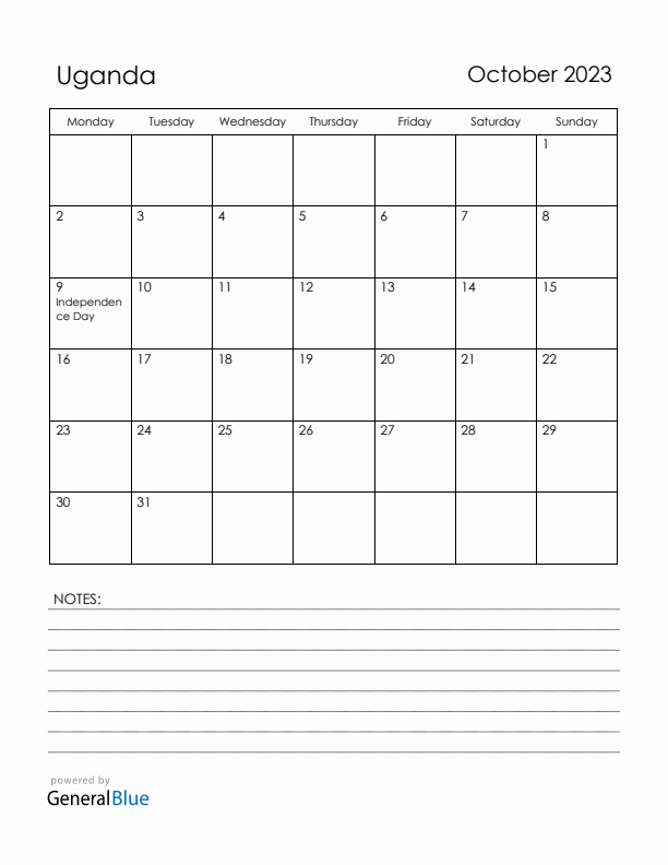 October 2023 Uganda Calendar with Holidays (Monday Start)