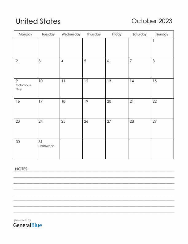 October 2023 United States Calendar with Holidays (Monday Start)