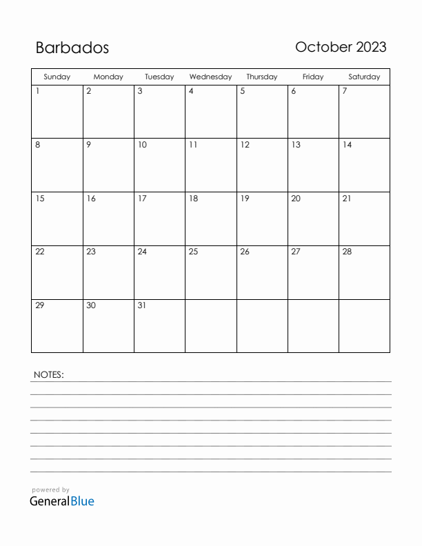 October 2023 Barbados Calendar with Holidays (Sunday Start)