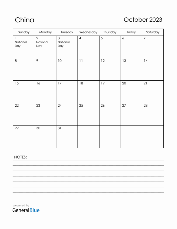 October 2023 China Calendar with Holidays (Sunday Start)