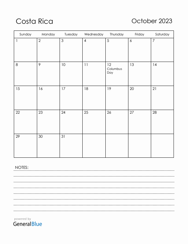 October 2023 Costa Rica Calendar with Holidays (Sunday Start)