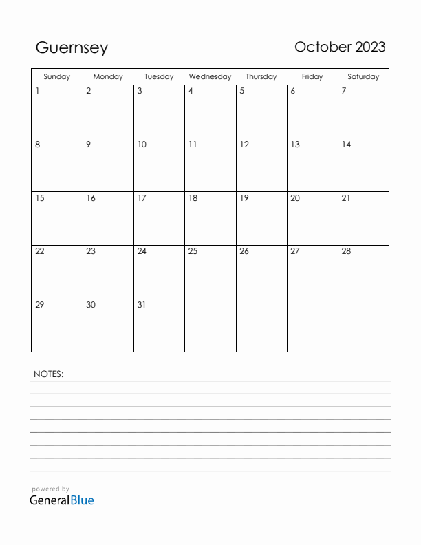 October 2023 Guernsey Calendar with Holidays (Sunday Start)