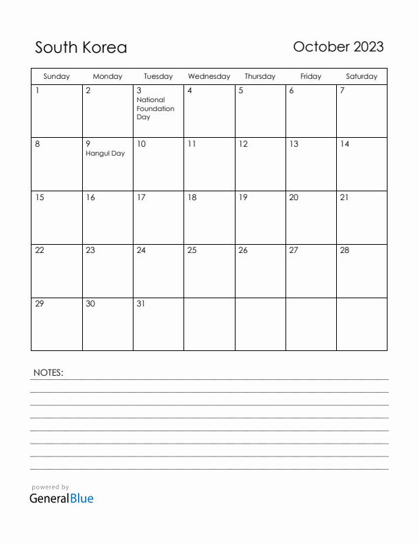October 2023 South Korea Calendar with Holidays (Sunday Start)