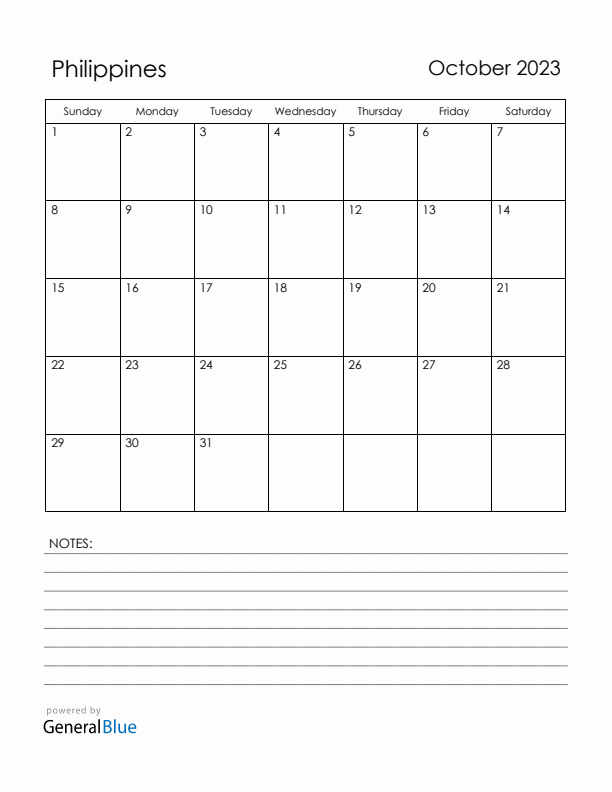 October 2023 Philippines Calendar with Holidays (Sunday Start)