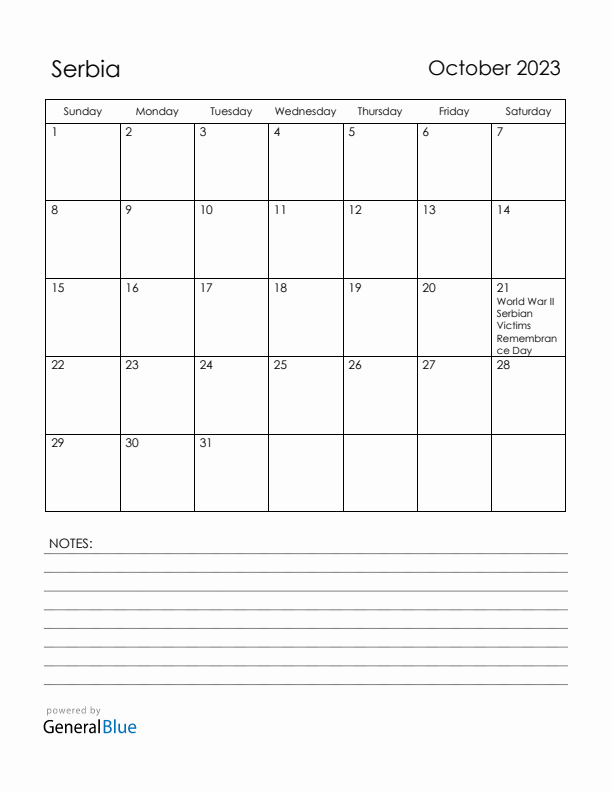 October 2023 Serbia Calendar with Holidays (Sunday Start)