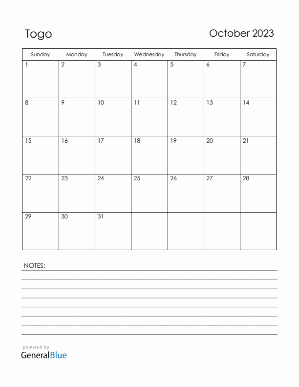 October 2023 Togo Calendar with Holidays (Sunday Start)